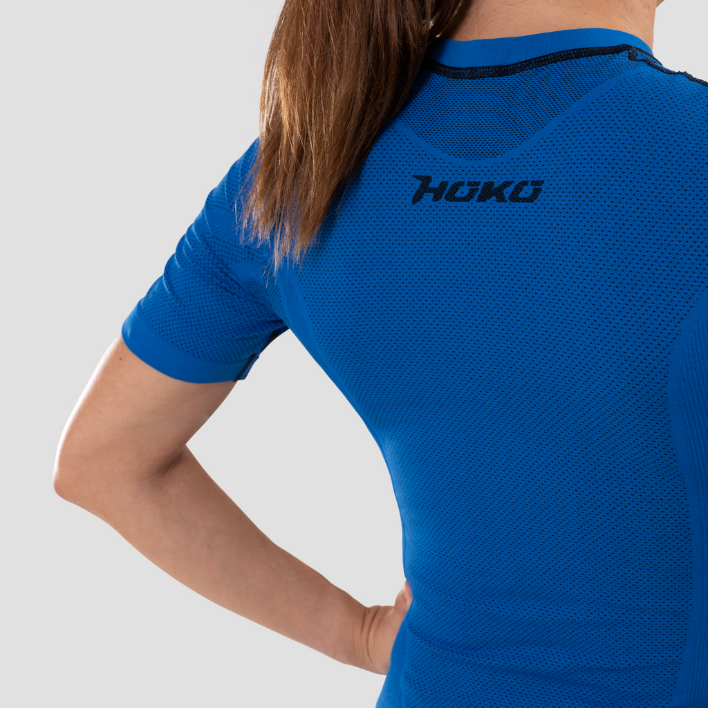 Camiseta térmica de manga corta para mujer. Nombre del producto Niwa. Color azul. foto detalle espalda