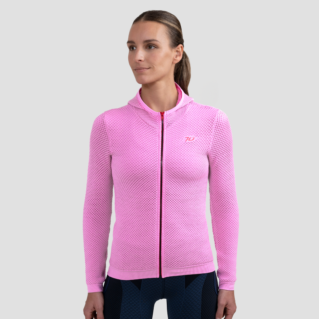 Chaqueta térmica con capucha para mujer. Nombre del producto Rina. Color rosa. Foto frontal