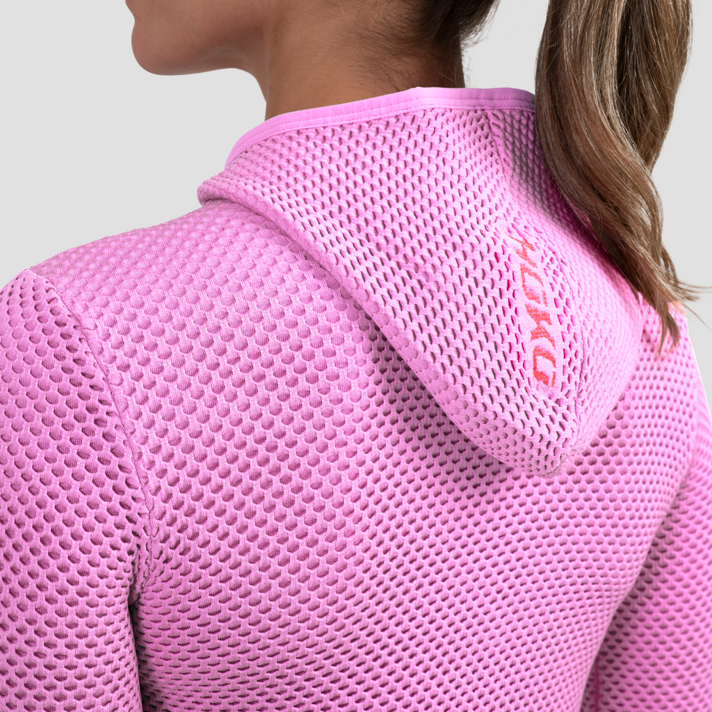 Chaqueta térmica con capucha para mujer. Nombre del producto Rina. Color rosa. Foto detalle capucha