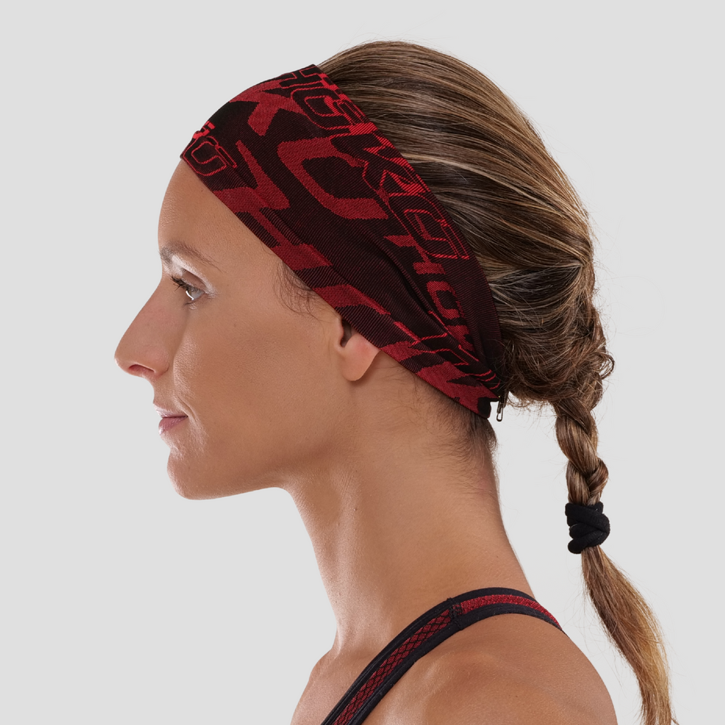 Cinta de pelo fina y transpirable para mujer. Nombre del producto Umi. Color rojo. Foto lateral