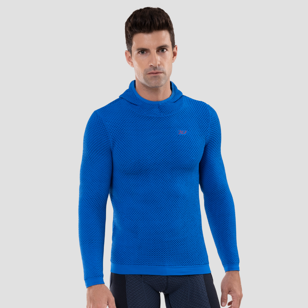 Sudadera térmica con capucha para hombre. nombre del producto ryu. color azul. Foto frontal