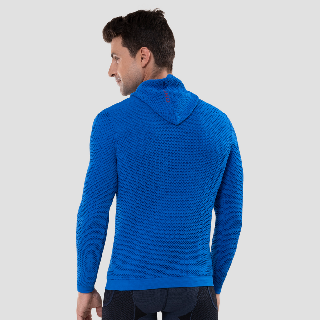 Sudadera térmica con capucha para hombre. nombre del producto ryu. color azul. Foto espalda