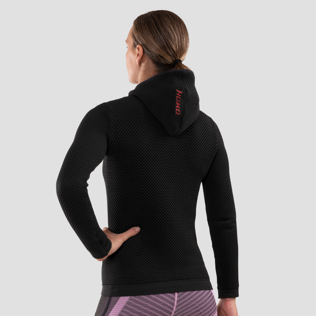 Sudadera térmica con capucha y bolsillo canguro para mujer. Nombre del producto Seina. Color negro. Foto espalda